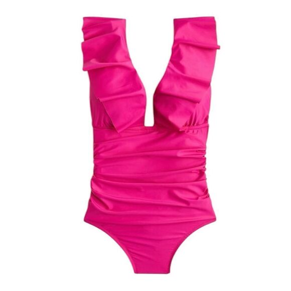 NWT J. Crew Ruched Ruffle One-Piece Swimsuit in Radiant Fuchsia - Picture 2 of 11